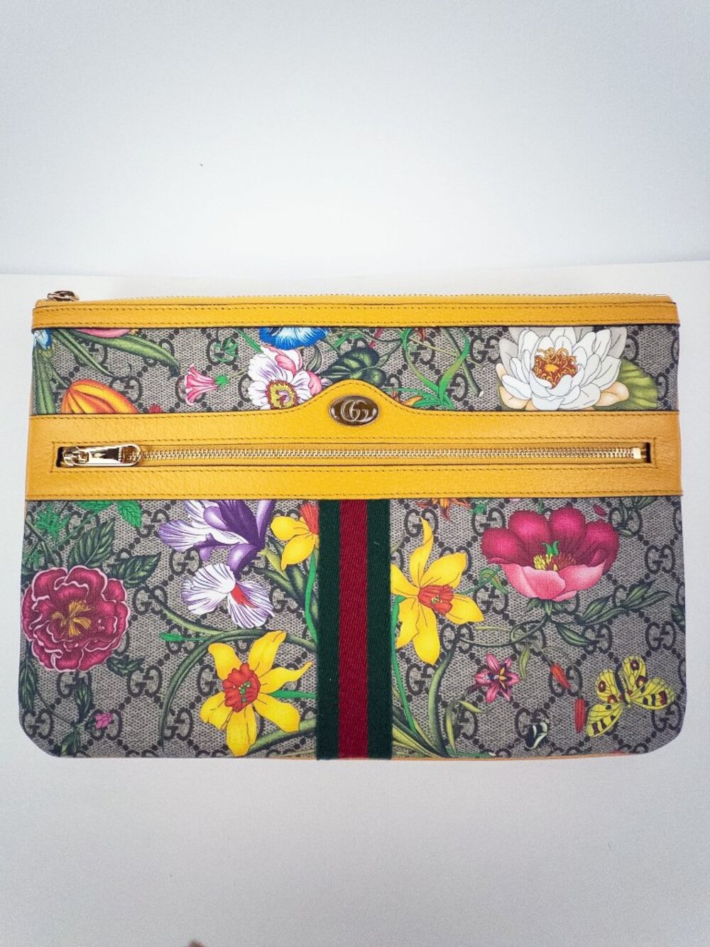 Gucci Ophidia Flora GG Supreme Yellow Medium Pouch Clutch Hologram Box